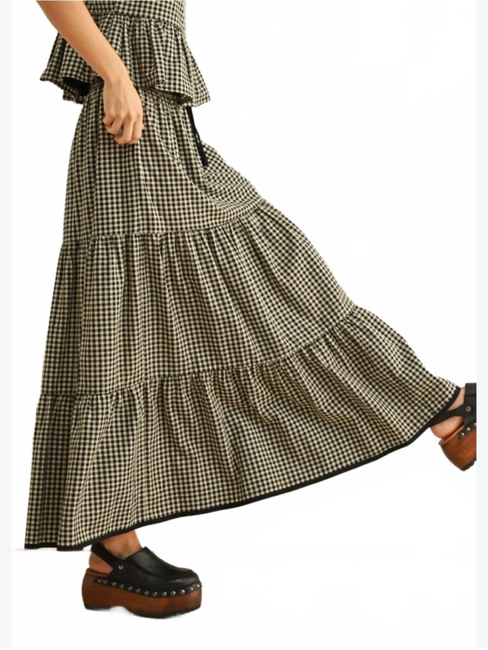 MIOU MUSE Sadie Gingham Tiered Midi Skirt